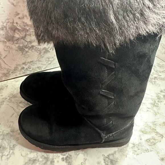 Ugg Boots Womens 7 Tall Rosana Water Resistant Sheepskin Fur Tocana  Black Suede - Picture 7 of 11